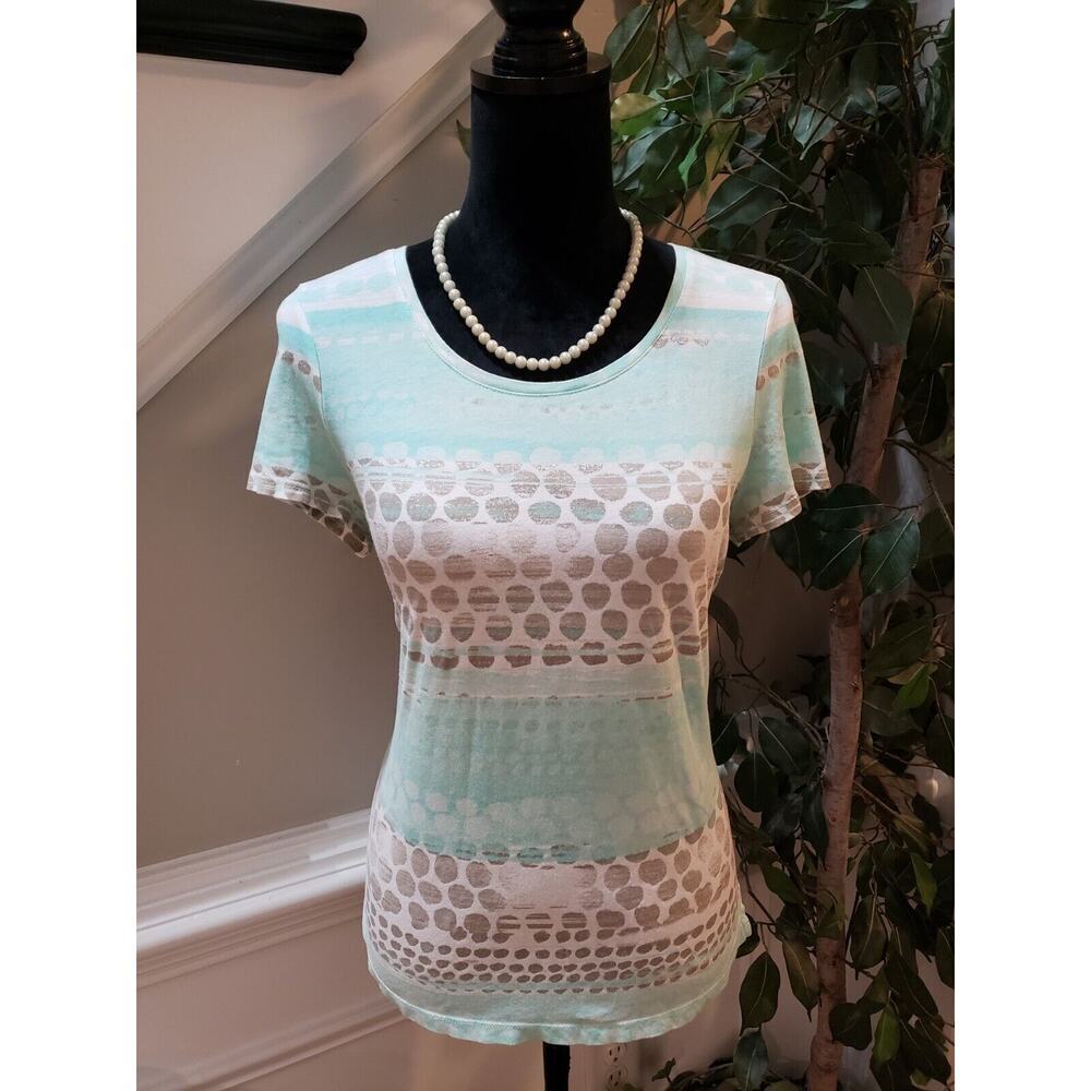 Chico's Women's Green White Polka Dot Round Neck Short Sleeve Top Blouse Size S